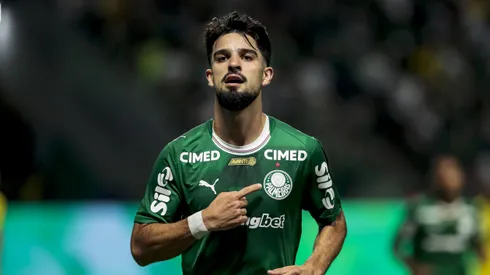 Flaco Lopez jogador do Palmeiras comemora seu gol durante partida contra o Mirassol no estadio Arena Allianz Parque pelo campeonato Brasileiro A 2026. Foto: Marco Miatelo/AGIF