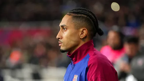 Raphinha of FC Barcelona looks on prior to the Copa del Rey Semi Final match between FC Barcelona and Atletico de Madrid at Estadi Olimpic Lluis Companys on February 25, 2025 in Barcelona, Spain.