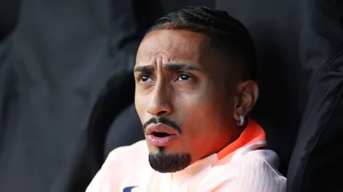 Raphinha of FC Barcelona looks on during a training session ahead of the UEFA Champions League 2025/26 League Phase MD1 against Newcastle United at St James' Park on September 17, 2025 in Newcastle upon Tyne, England.