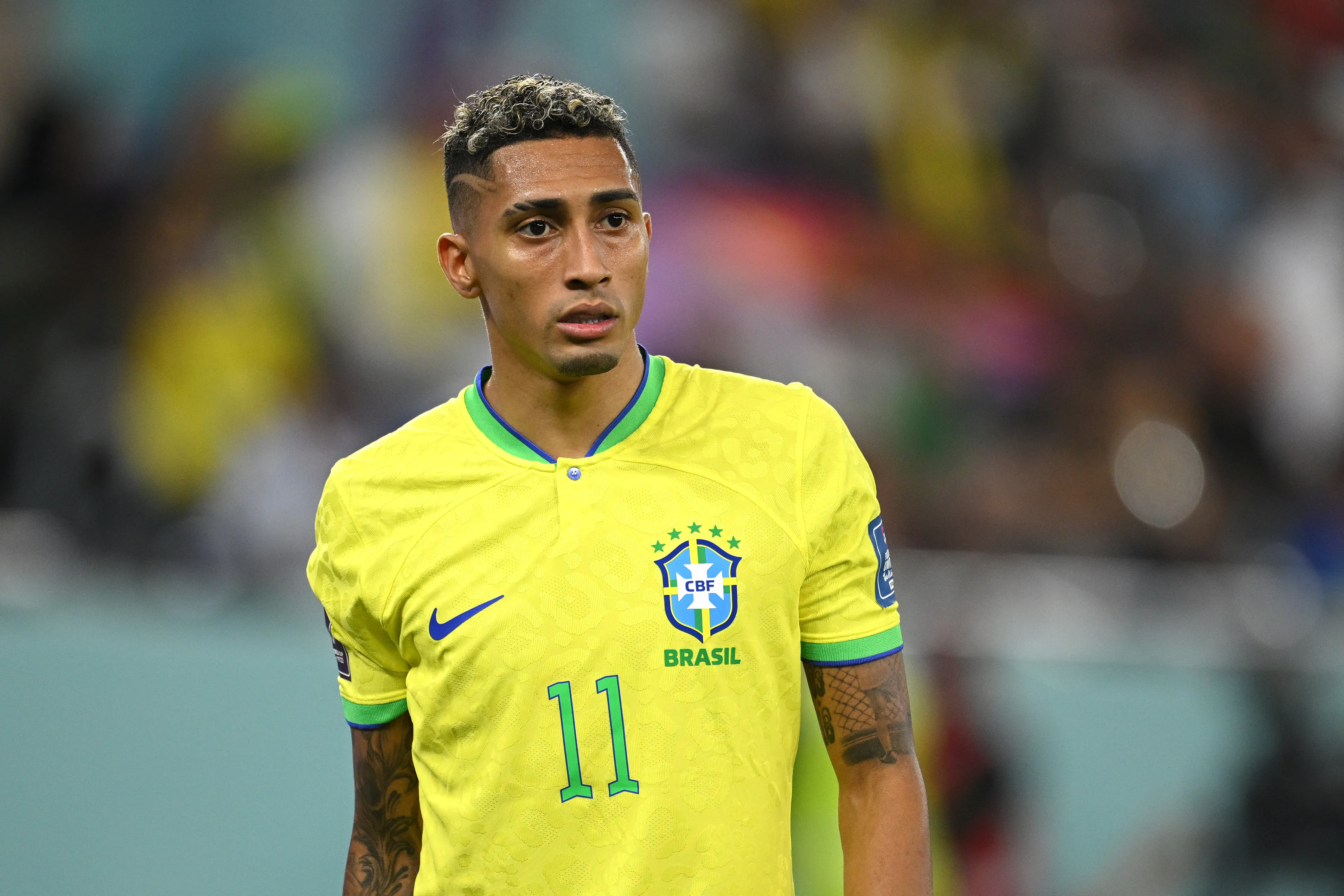 DOHA, QATAR – NOVEMBER 28: Raphinha of Brazil looks on during the FIFA World Cup Qatar 2022 Group G match between Brazil and Switzerland at Stadium 974 on November 28, 2022 in Doha, Qatar. (Photo by Matthias Hangst/Getty Images)