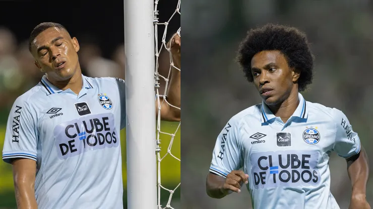 Carlos Vinicius e Willian jogadores do Grêmio durante partida contra o Chapecoense no estádio Arena Conda pelo campeonato Brasileiro Série A 2026. Foto: Liamara Polli/AGIF