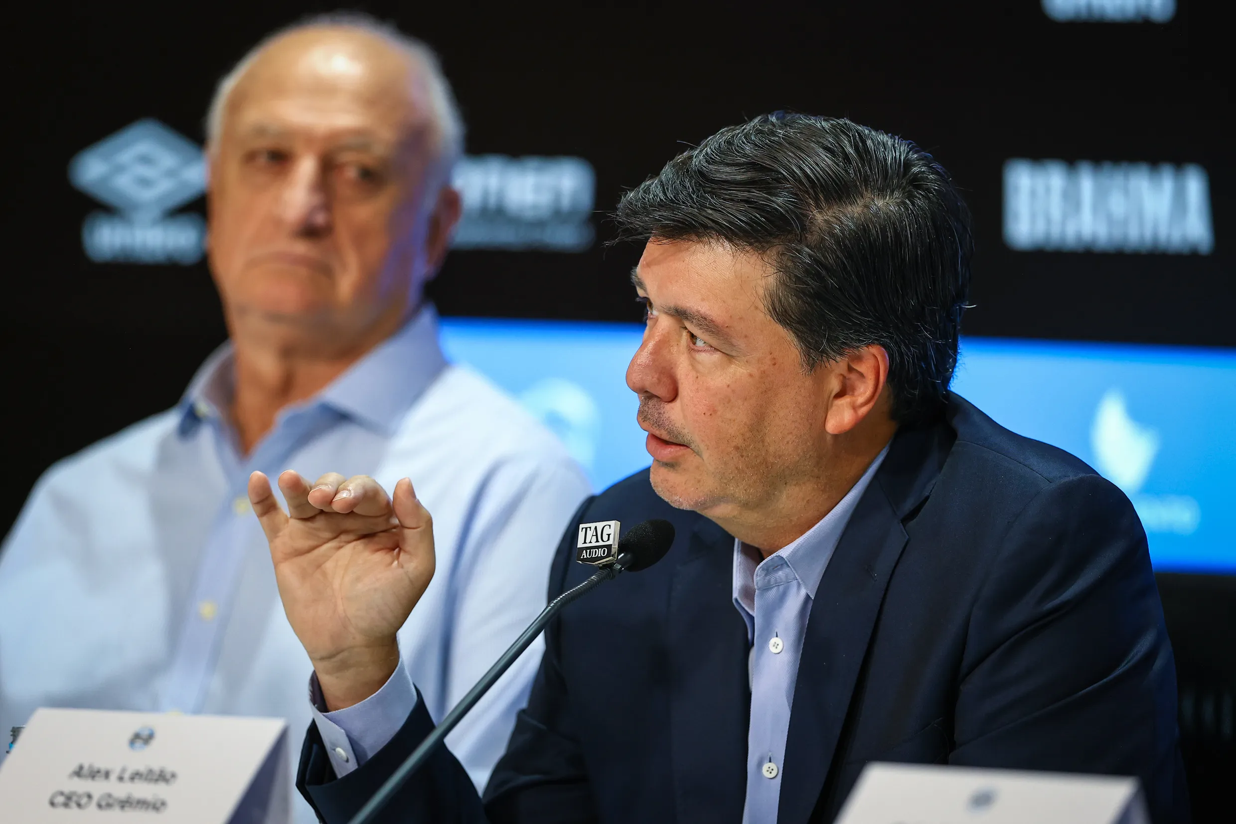 Presidente do Gremio Odorico Roman realiza coletiva de apresentação do novo CEO, Alex Leitao e do Departamento de Futebol do Clube composto pelo Vice-Presidente de Futebol Antonio Dutra Junior, Diretor de Futebol, Rafael Lima, Coordenador de Futebol Luiz Felipe Scolari e do Executivo de Futebol Paulo Pelaipe. FOTO: LUCAS UEBEL/GREMIO FBPA