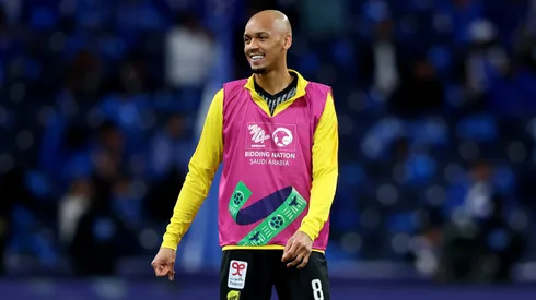 Fabinho of Al Ittihad looks on as he warms up, whilst wearing a 2034 World Cup Saudi Arabia 2034 branded bib as Saudi Arabia formally launch their Bid to host the 2034 World Cup, prior to the Saudi Pro League match between Al-Hilal and Al-Ittihad at Kingdom Arena on March 01, 2024 in Riyadh, Saudi Arabia.
