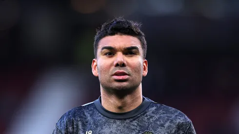 Casemiro of Manchester United looks on as he warms up prior to the Premier League match between Manchester United and Sheffield United at Old Trafford on April 24, 2024 in Manchester, England.