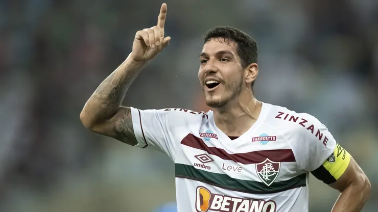 Nino jogador do Fluminense comemora seu gol durante partida contra o Paysandu no estadio Maracana pelo campeonato Copa do Brasil 2023.