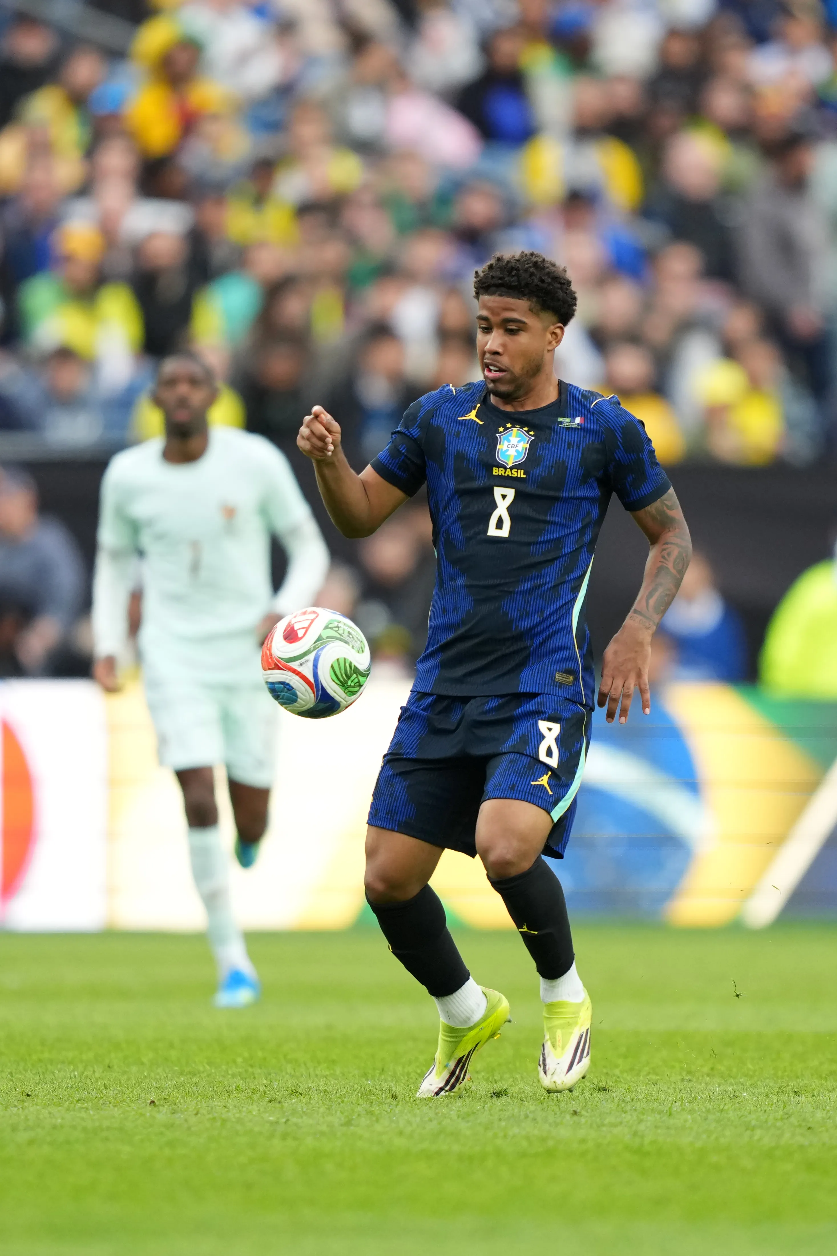 FOXBOROUGH, MASSACHUSETTS – MARCH 26: Andrey Santos of Brazil controls the ball during the international friendly match between Brazil and France at Gillette Stadium on March 26, 2026 in Foxborough, Massachusetts.  (Photo by Michael Owens/Getty Images)