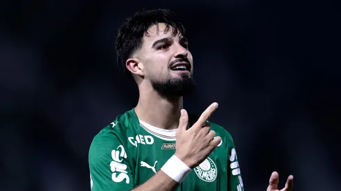 Flaco Lopez jogador do Palmeiras comemora seu gol durante partida contra o Sao Paulo no estadio Arena Barueri pelo campeonato Paulista 2026. Foto: Marcello Zambrana/AGIF