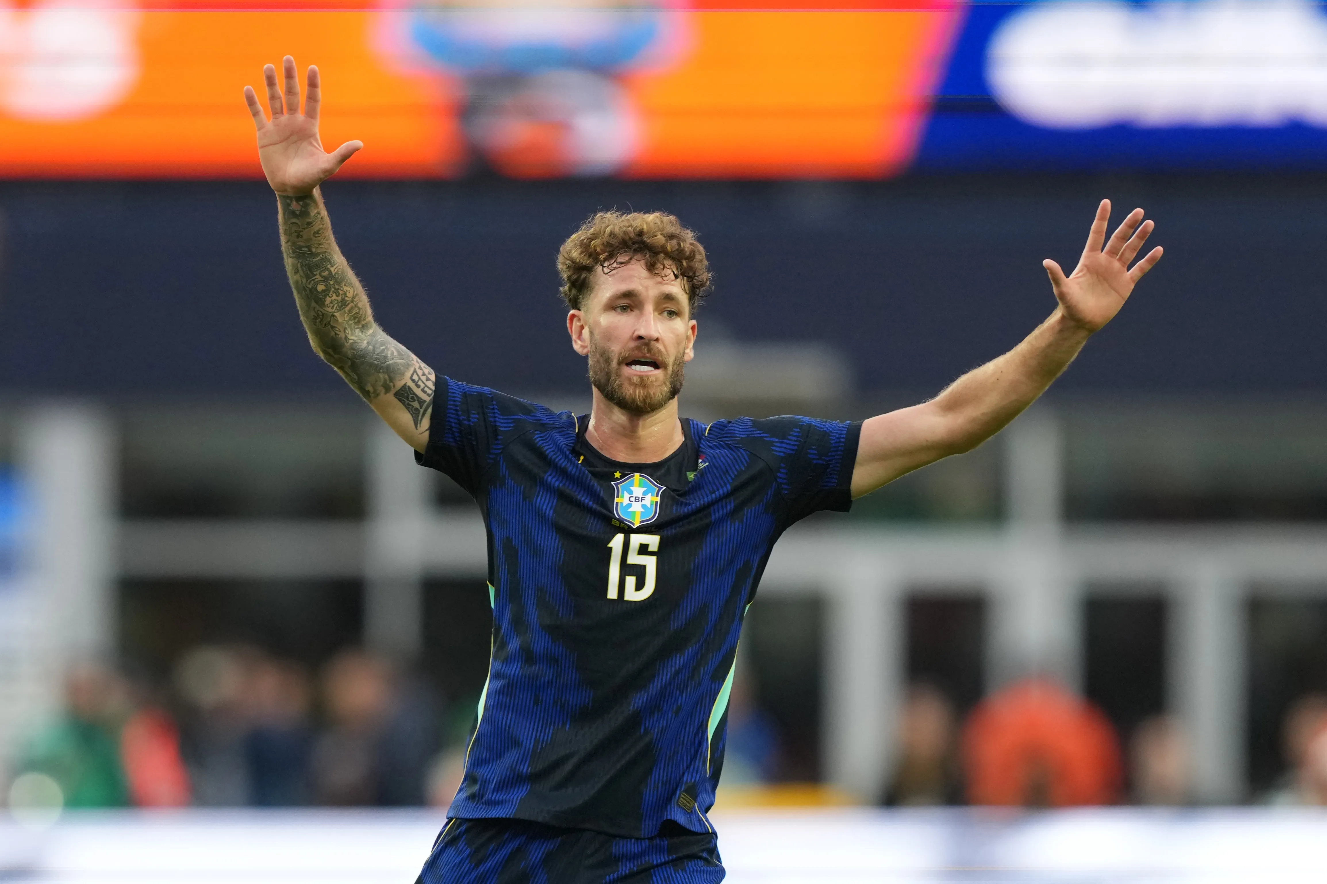 FOXBOROUGH, MASSACHUSETTS – MARCH 26: Leo Pereira of Brazil gestures during the international friendly match between Brazil and France at Gillette Stadium on March 26, 2026 in Foxborough, Massachusetts.  (Photo by Michael Owens/Getty Images)