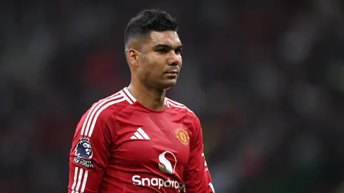 Casemiro of Manchester United looks dejected, as they walk off for half time during the Premier League match between Manchester United FC and Liverpool FC at Old Trafford on September 01, 2024 in Manchester, England. (Photo by Shaun Botterill/Getty Images)