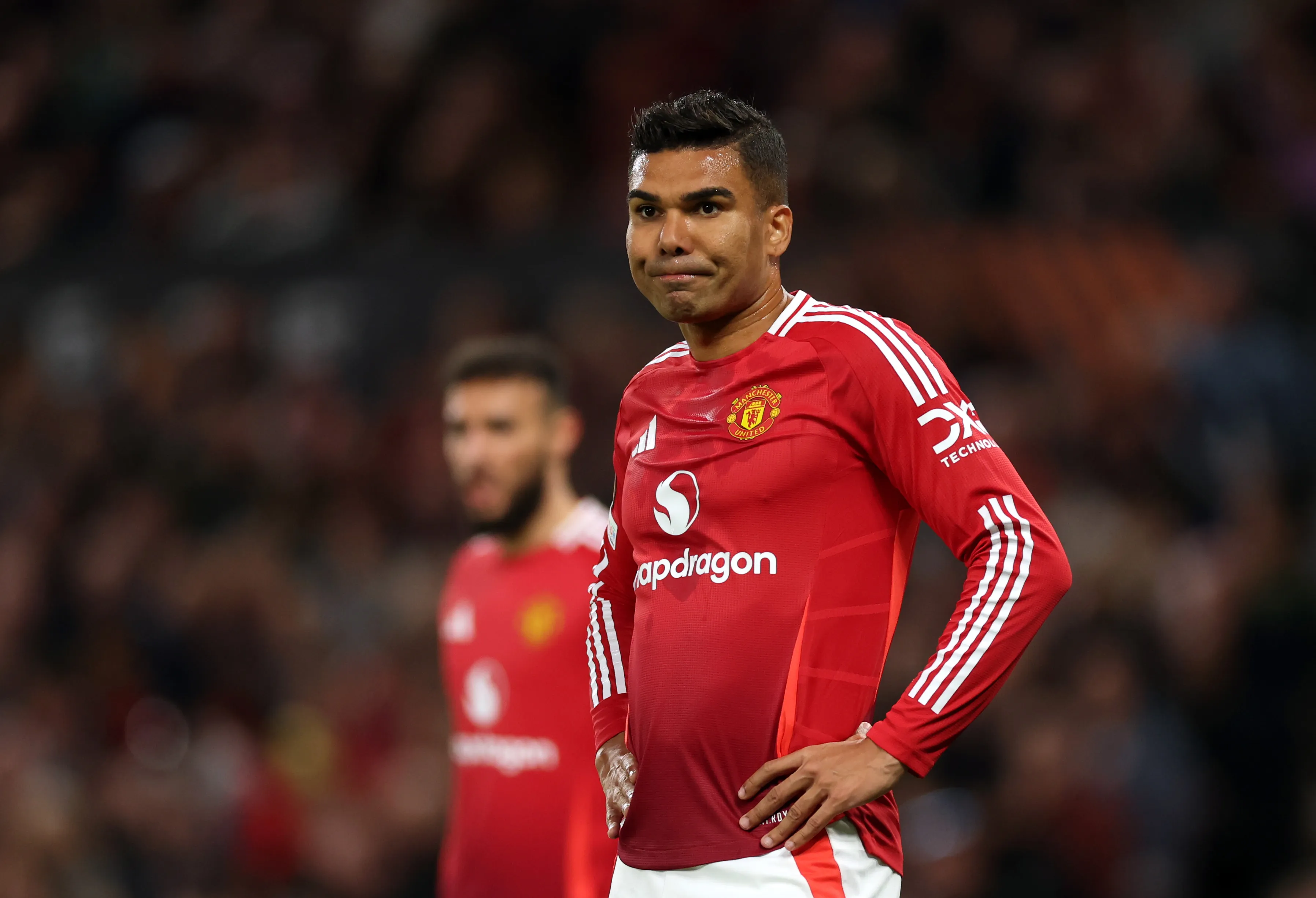 MANCHESTER, ENGLAND – APRIL 17: Casemiro of Manchester United reacts during the UEFA Europa League 2024/25 Quarter Final Second Leg match between Manchester United and Olympique Lyonnais at Old Trafford on April 17, 2025 in Manchester, England. (Photo by Carl Recine/Getty Images)