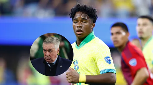Endrick, do Brasil, observa durante a partida do Grupo D da CONMEBOL Copa América 2024 entre Brasil e Costa Rica/Carlo Ancelotti, treinador do Brasil, observa antes do amistoso internacional entre Brasil e Senegal (Imagem: Ronald Martinez/Getty Images/Harry Murphy/Getty Images)