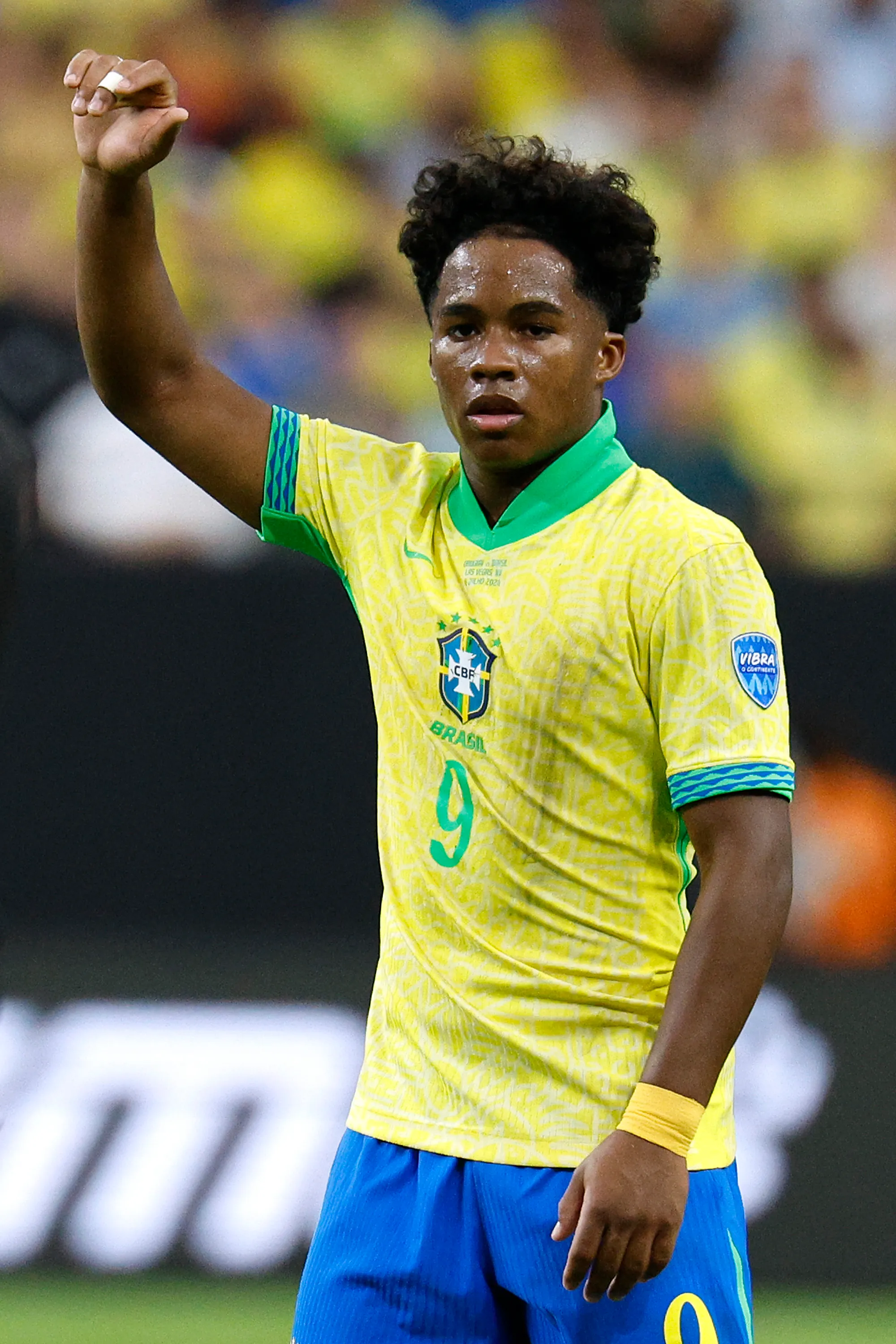 LAS VEGAS, NEVADA – JULY 06: Endrick of Brazil reacts during the CONMEBOL Copa America 2024 quarterfinal match between Uruguay and Brazil at Allegiant Stadium on July 06, 2024 in Las Vegas, Nevada. (Photo by Kevork Djansezian/Getty Images)