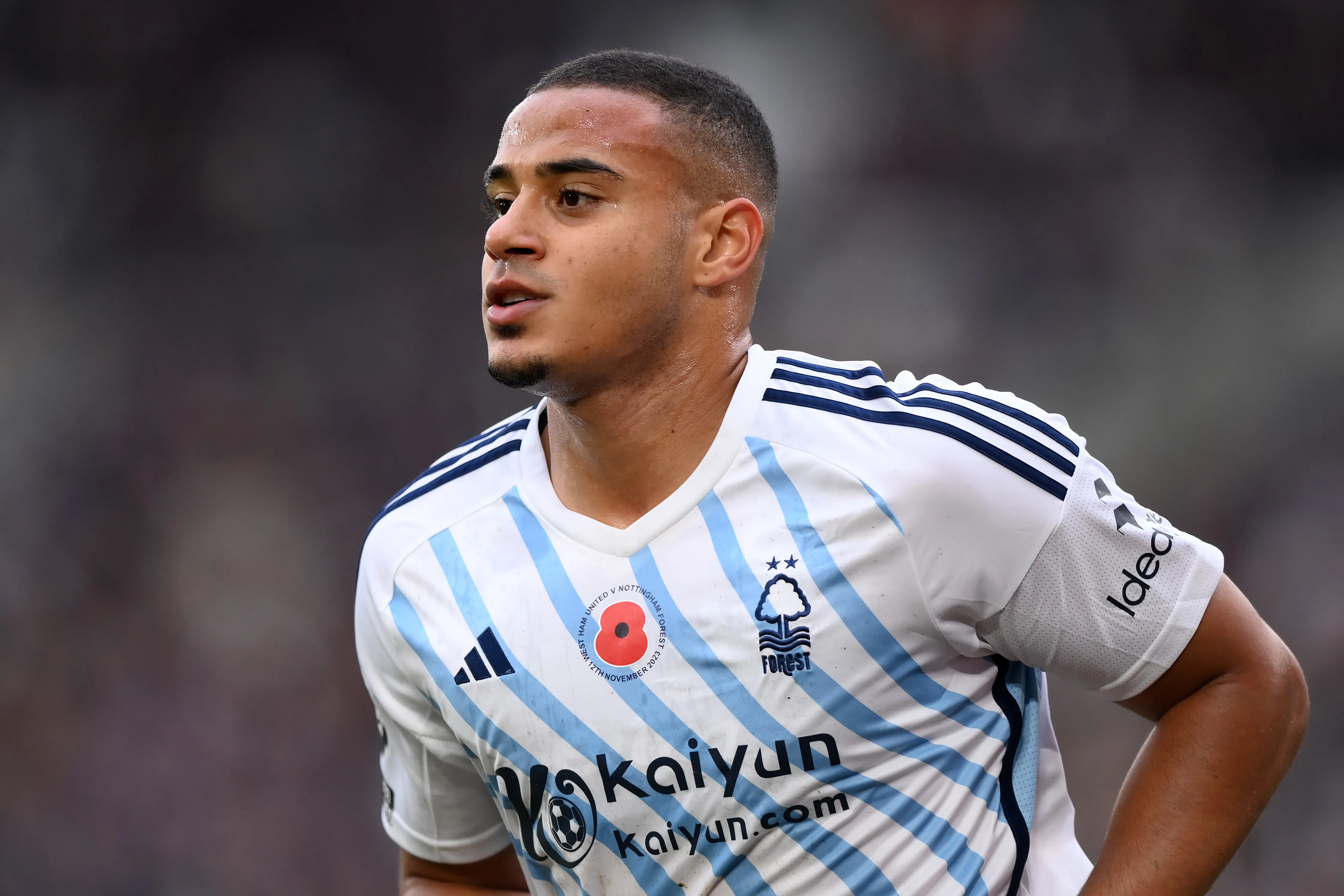 LONDON, ENGLAND – NOVEMBER 12: Murillo of Nottingham Forest  during the Premier League match between West Ham United and Nottingham Forest at London Stadium on November 12, 2023 in London, England. (Photo by Justin Setterfield/Getty Images)