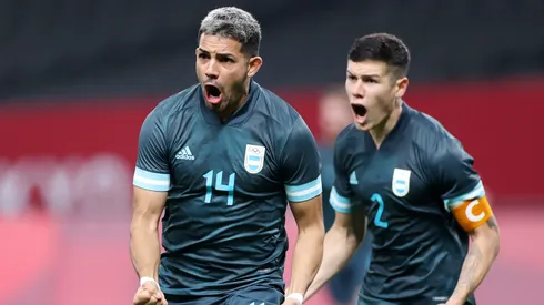 Facundo Medina #14 of Team Argentina celebrates after scoring their side's first goal during the Men's First Round Group C match between Egypt and Argentina on day two of the Tokyo 2020 Olympic Games at Sapporo Dome on July 25, 2021 in Sapporo, Hokkaido, Japan. (Photo by Masashi Hara/Getty Images)