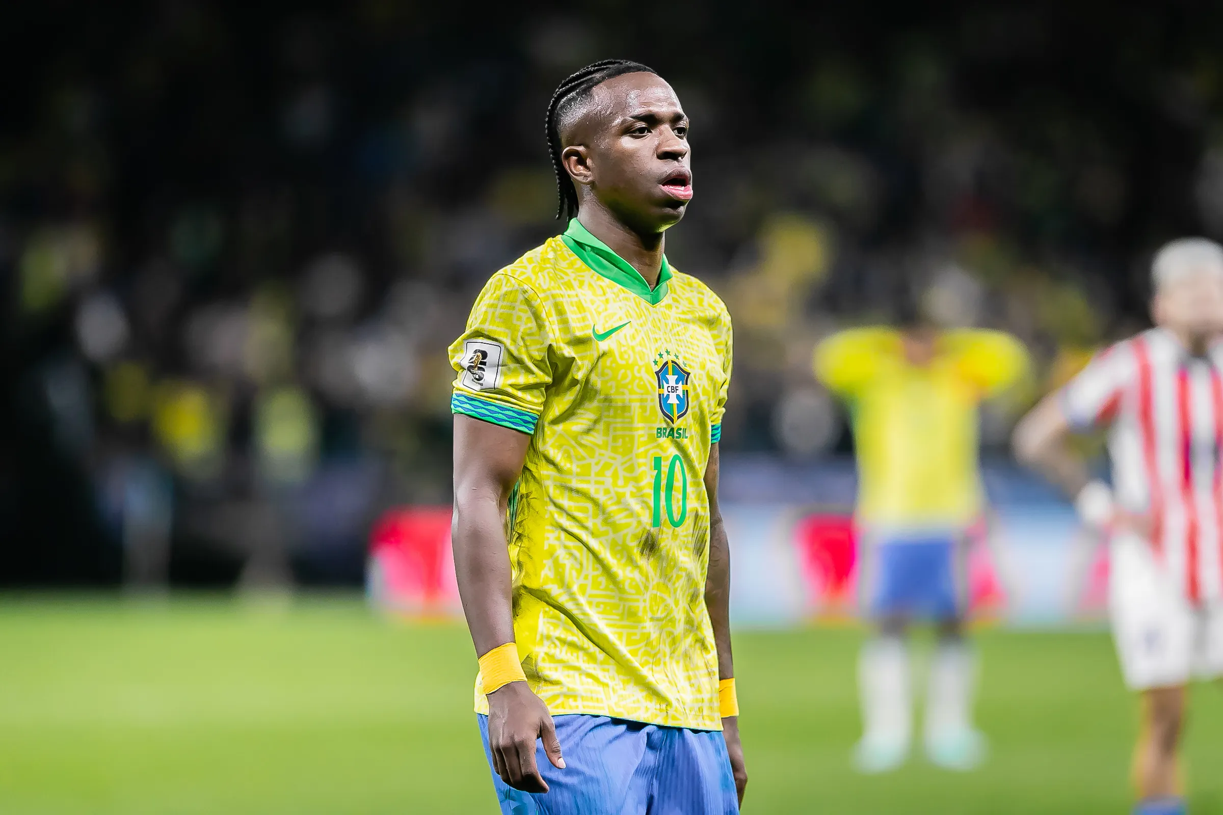 SP – SAO PAULO – 10/06/2025 – ELIMINATORIAS COPA DO MUNDO 2026, SELECAO BRASILEIRA X PARAGUAI – Vinicius Jr jogador do Selecao Brasileira durante partida contra o Paraguai no estadio Arena Corinthians pelo campeonato Eliminatorias Copa Do Mundo 2026. Foto: Fernando Teramatsu/AGIF