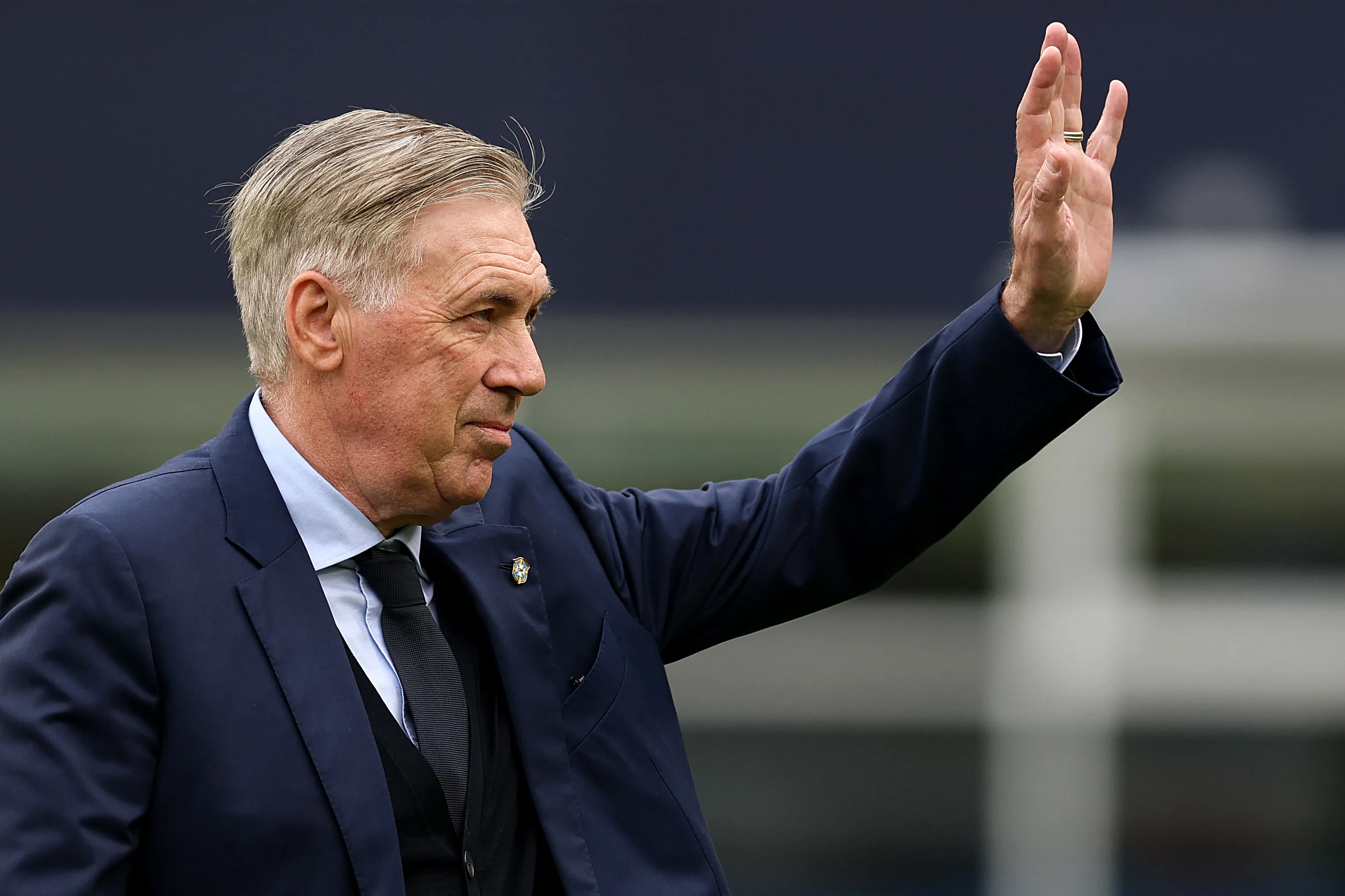 FOXBOROUGH, MASSACHUSETTS – MARCH 26: Brazil head coach Carlo Ancelotti waves before the international friendly match between Brazil and France at Gillette Stadium on March 26, 2026 in Foxborough, Massachusetts. (Photo by Maddie Meyer/Getty Images)