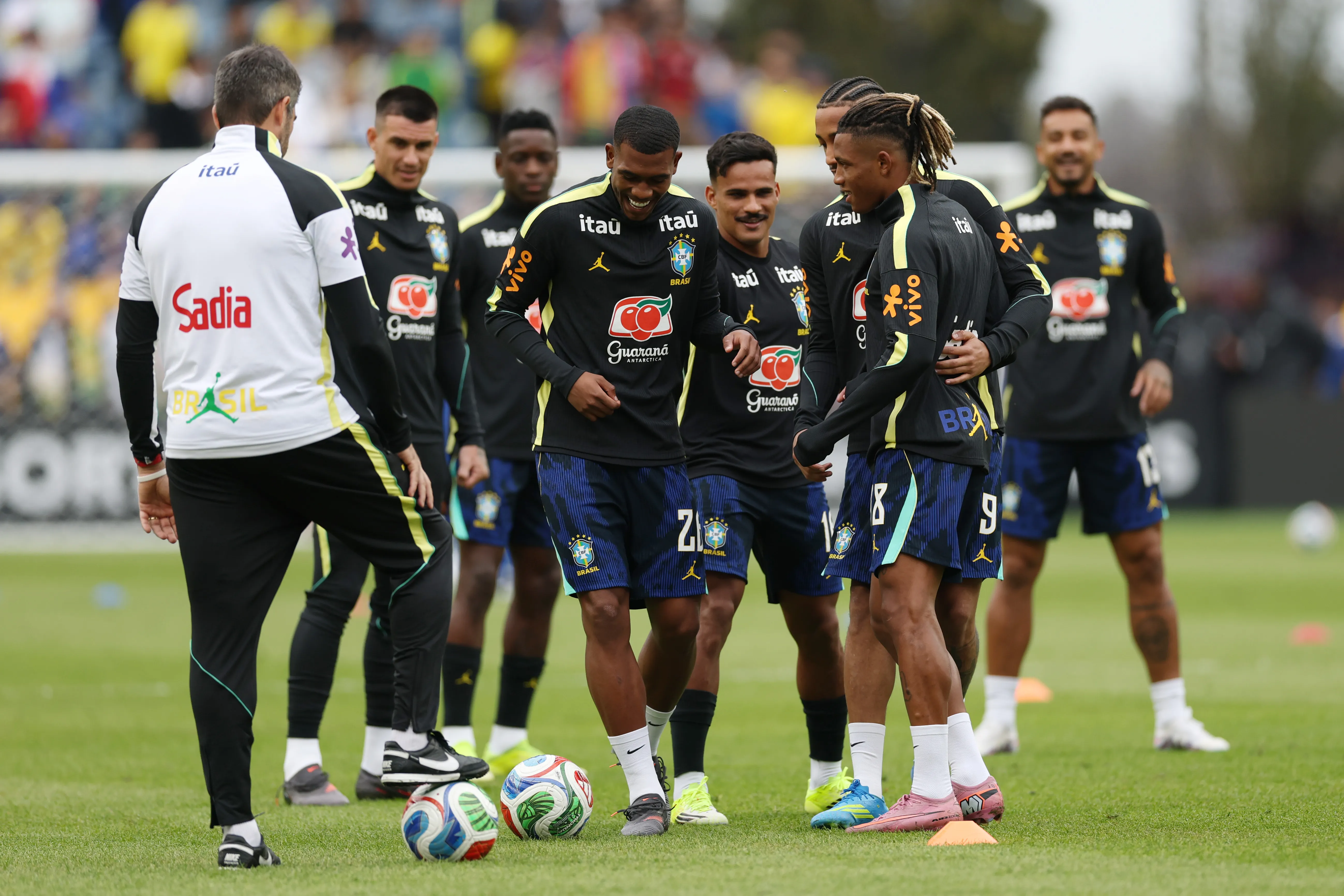 FOXBOROUGH, MASSACHUSETTS – MARCH 26: Rayan and Danilo Santos of Brazil warm up prior to the international friendly match between Brazil and France at Gillette Stadium on March 26, 2026 in Foxborough, Massachusetts.  (Photo by Maddie Meyer/Getty Images)