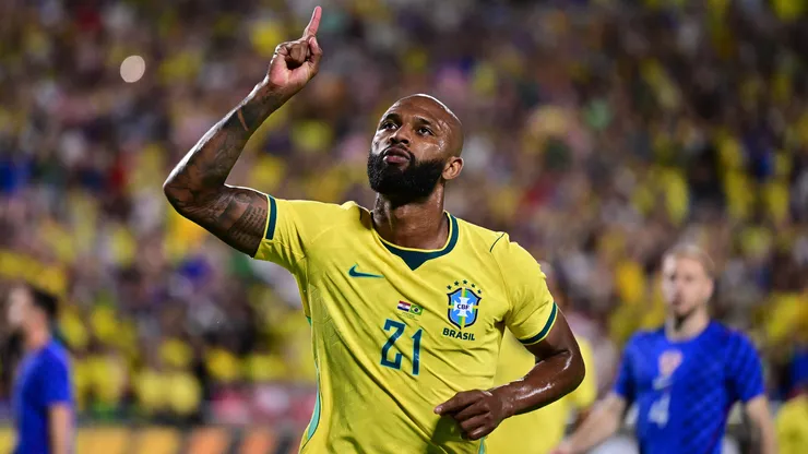 Igor Thiago of Brazil celebrates after scoring his team's second goal during the international friendly match between Brazil and Croatia at Camping World Stadium on March 31, 2026 in Orlando, Florida. (Photo by Julio Aguilar/Getty Images)
