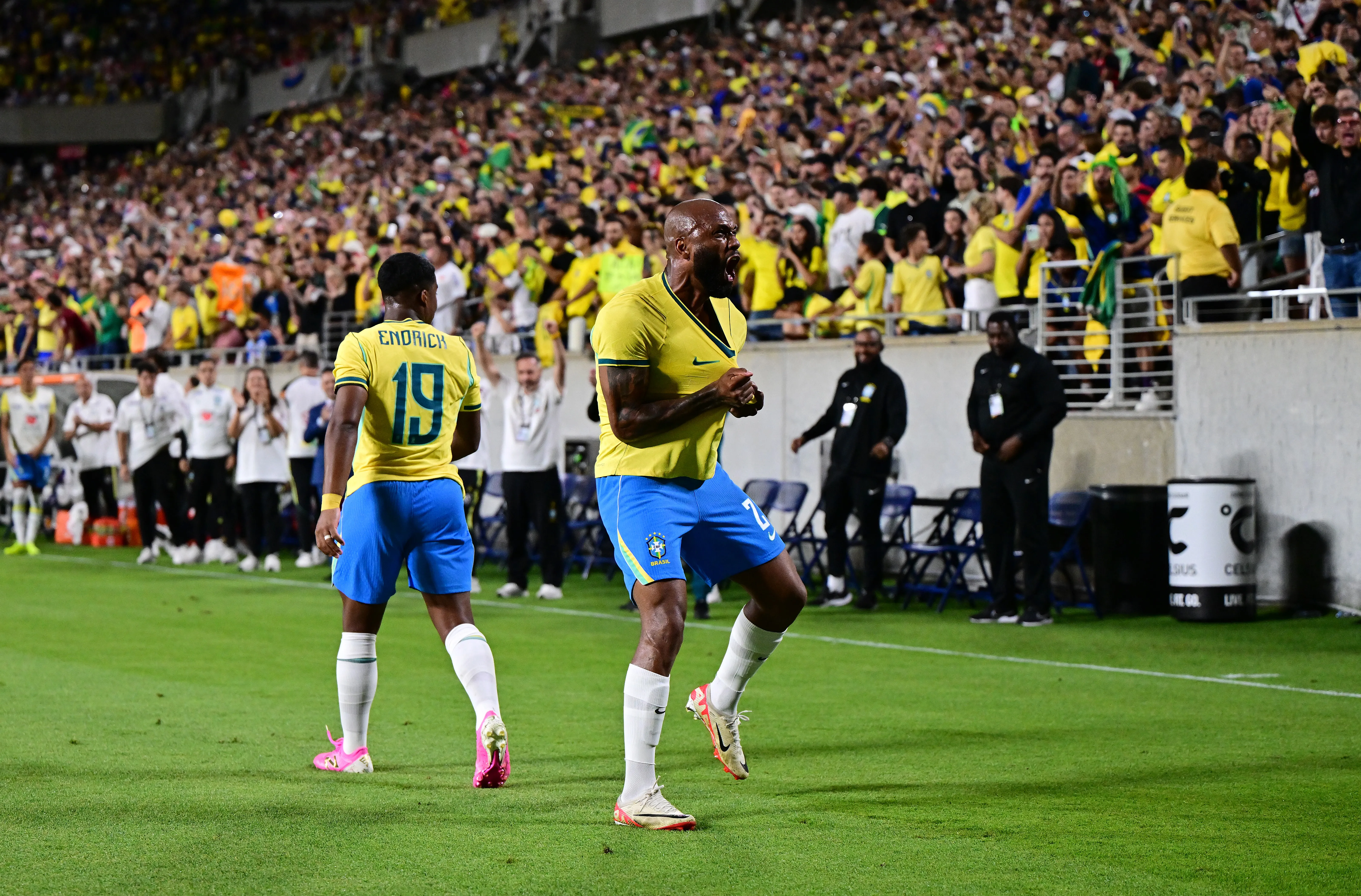 Igor Thiago of Brazil celebrates after scoring his team’s second goal during the international friendly match between Brazil and Croatia at Camping World Stadium on March 31, 2026 in Orlando, Florida. (Photo by Julio Aguilar/Getty Images)