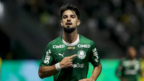 Flaco Lopez jogador do Palmeiras comemora seu gol durante partida contra o Mirassol no estadio Arena Allianz Parque pelo campeonato Brasileiro A 2026. Foto: Marco Miatelo/AGIF