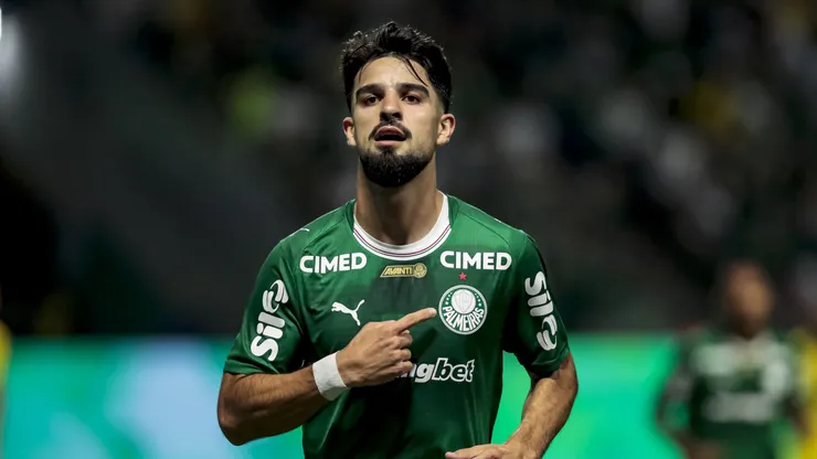 Flaco Lopez jogador do Palmeiras comemora seu gol durante partida contra o Mirassol no estadio Arena Allianz Parque pelo campeonato Brasileiro A 2026. Foto: Marco Miatelo/AGIF