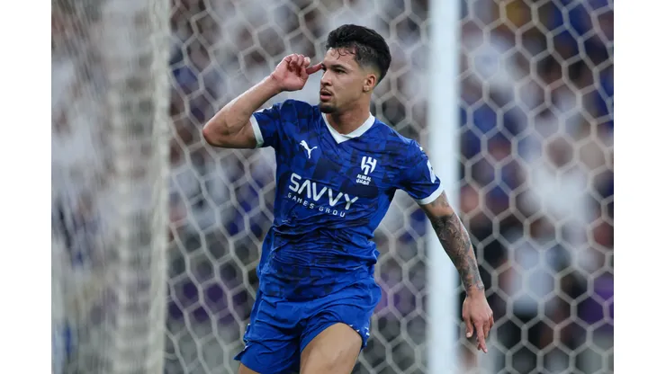 JEDDAH, SAUDI ARABIA - APRIL 25: Marcos Leonardo of Al Hilal celebrates after scoring the second goal during the AFC Champions League Elite match between Al Hilal and Gwangju at King Abdullah Sports City Hall Stadium on April 25, 2025 in Jeddah, Saudi Arabia. (Photo by Yasser Bakhsh/Getty Images)