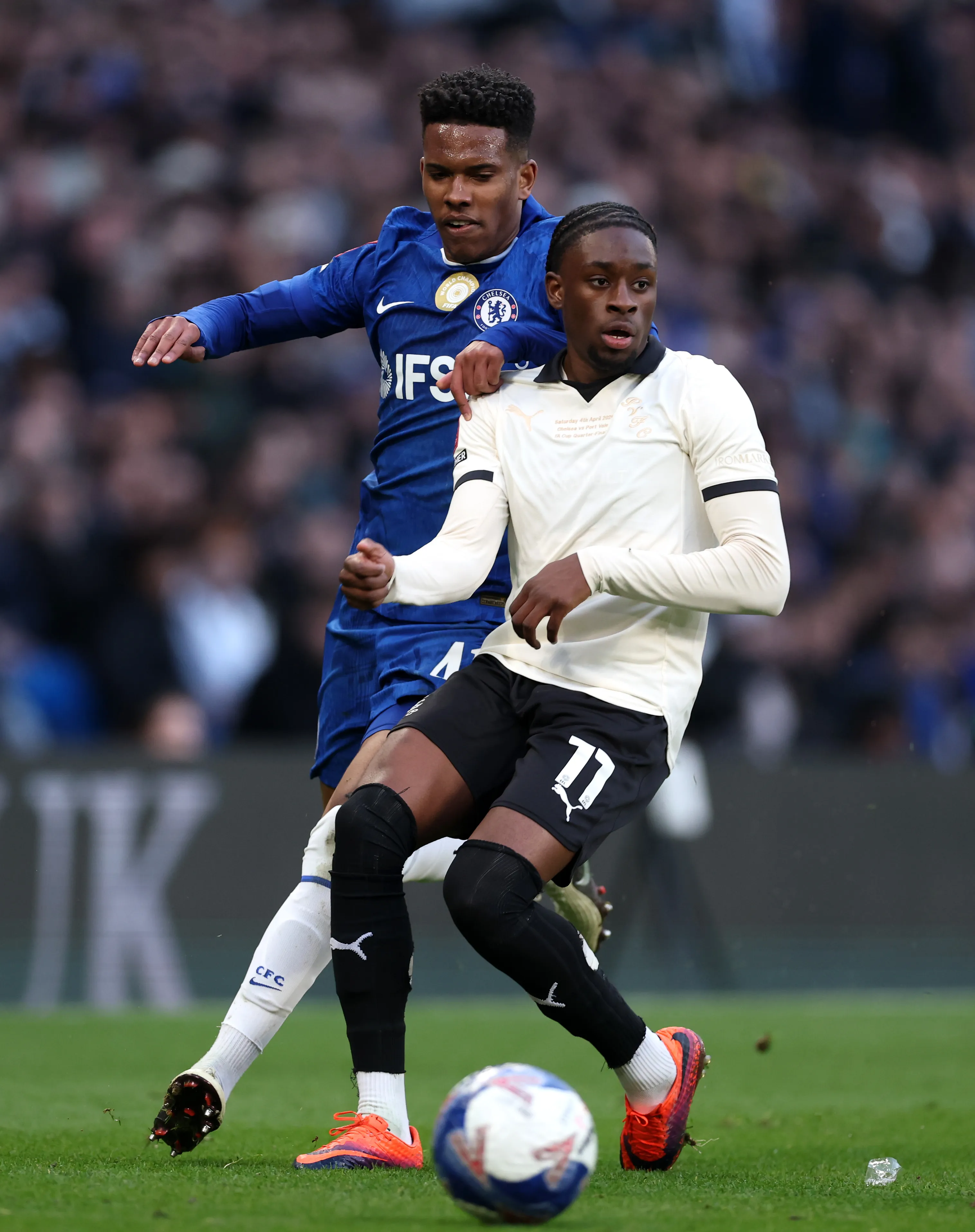LONDON, ENGLAND – APRIL 04: Ethon Archer of Port Vale is challenged by Estevao of Chelsea during the Emirates FA Cup Quarter Final match between Chelsea and Port Vale at Stamford Bridge on April 04, 2026 in London, England. (Photo by Alex Pantling/Getty Images)
