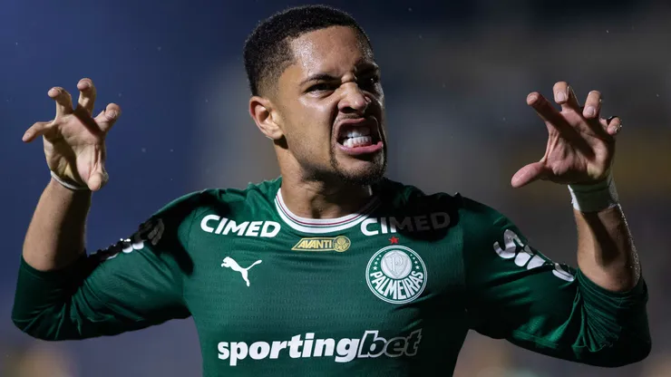 vitor roque jogador do Palmeiras comemora seu gol durante partida contra o Novorizontino no estadio Jorge Ismael de Biasi pelo campeonato Paulista 2026. Foto: Joisel Amaral/AGIF