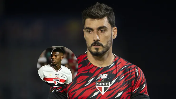 jogador Rafael do São Paulo durante aquecimento antes da partida contra o Bragantino/Arboleda jogador do São Paulo durante partida contra o Flamengo (Imagem: Anderson Romão/AGIF/Jota Erre/AGIF)