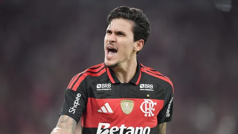 Pedro jogador do Flamengo comemora seu gol durante partida contra o Santos no estadio Maracana pelo campeonato Brasileiro A 2026. Foto: Thiago Ribeiro/AGIF