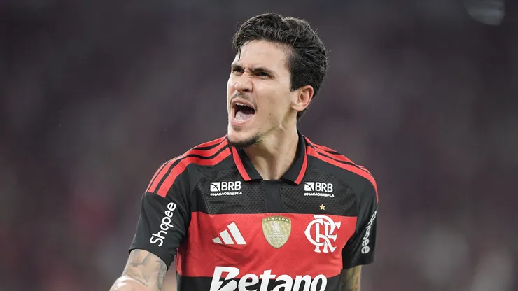 Pedro jogador do Flamengo comemora seu gol durante partida contra o Santos no estadio Maracana pelo campeonato Brasileiro A 2026. Foto: Thiago Ribeiro/AGIF