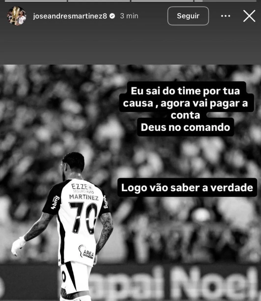 Publicação de Martínez nos stories do Instagram. Foto: Reprodução Redes Sociais