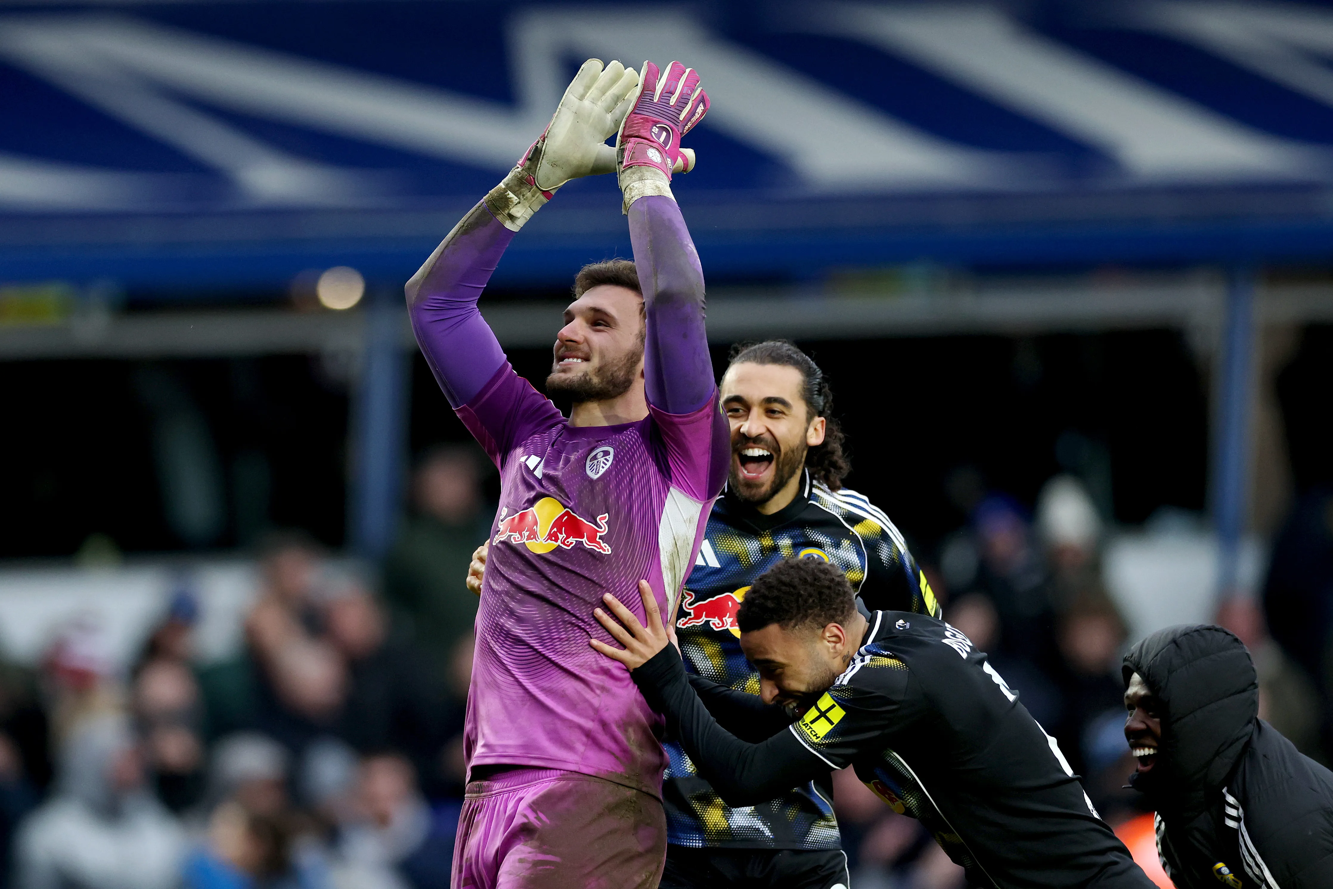 Lucas Perri of Leeds United celebrates with his teammates following the teams victory in the penalty shootout during the Emirates FA Cup Fourth Round match between Birmingham City and Leeds United  on February 15, 2026 in Birmingham, England. (Photo by Michael Regan/Getty Images)