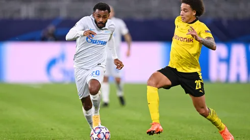 Wendel of Zenit St. Petersburg gets away from Axel Witsel of Borussia Dortmund during the UEFA Champions League Group F stage match between Borussia Dortmund and Zenit St. Petersburg at Signal Iduna Park on October 28, 2020 in Dortmund, Germany. Sporting stadiums around Dortmund remain under strict restrictions due to the Coronavirus Pandemic as Government social distancing laws prohibit fans inside venues resulting in games being played behind closed doors.
