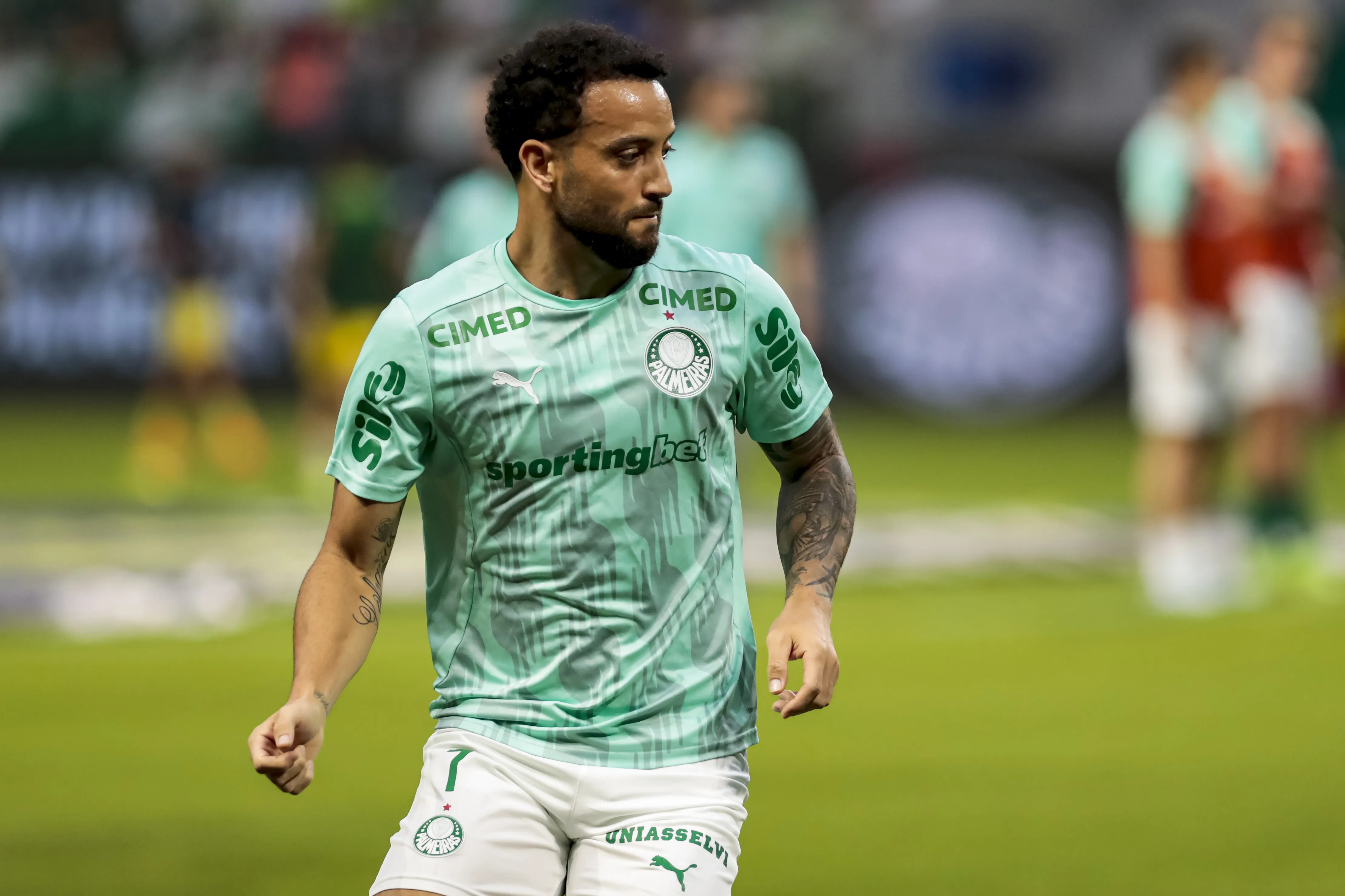 SP – SAO PAULO – 15/03/2026 – BRASILEIRO A 2026, PALMEIRAS X MIRASSOL – Felipe Anderson jogador do Palmeiras durante aquecimento antes da partida contra o Mirassol no estadio Arena Allianz Parque pelo campeonato Brasileiro A 2026. Foto: Marco Miatelo/AGIF