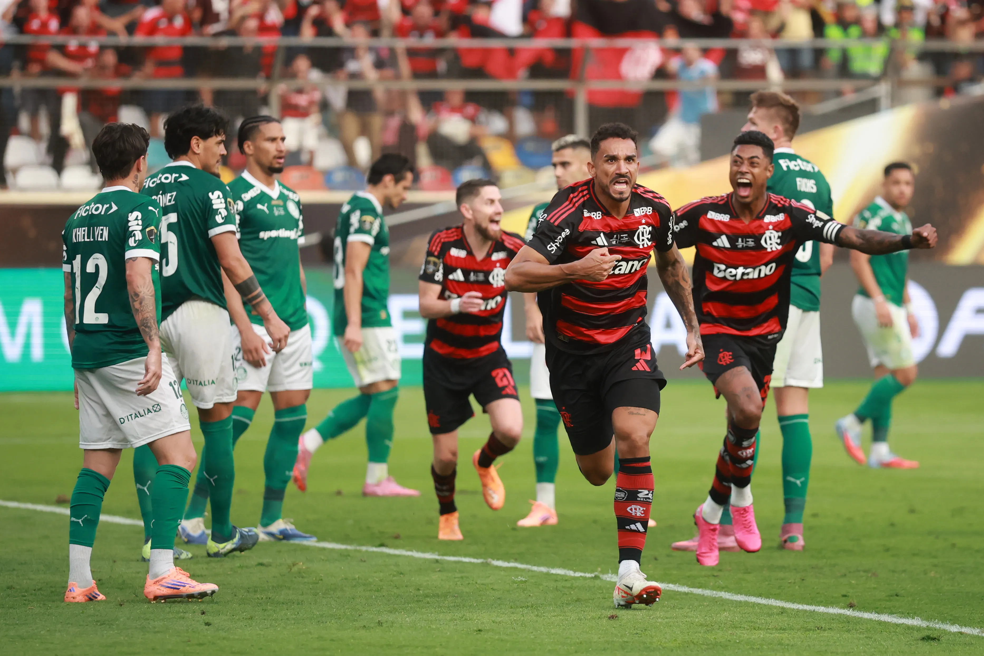 LIMA, PERU – NOVEMBER 29: Danilo of Flamengo celebrates after scoring his team’s first goal during the 2025 Copa CONMEBOL Libertadores Final match between Palmeiras and Flamengo at Estadio Monumental on November 29, 2025 in Lima, Peru.  (Photo by Hector Vivas/Getty Images)