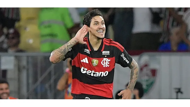 Pedro jogador do Flamengo comemora seu gol durante partida contra o Fluminense no estadio Maracana pelo campeonato Brasileiro A 2026. Foto: Thiago Ribeiro/AGIF