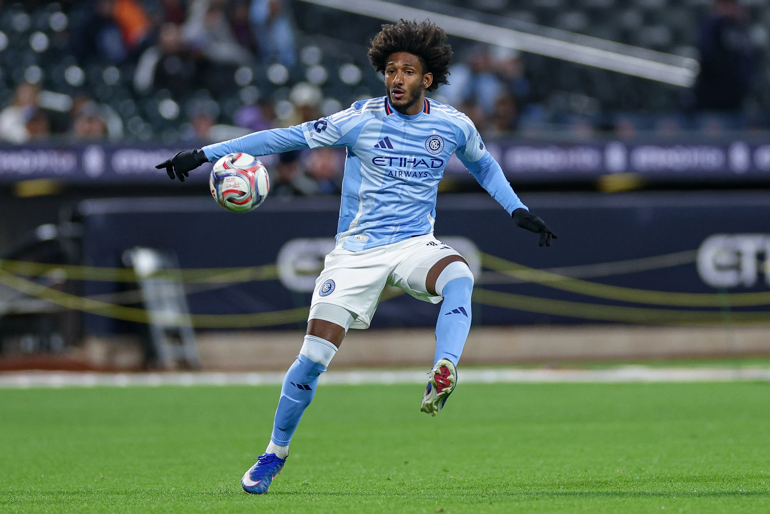Talles Magno #11 of the New York City FC plays the ball against the St. Louis CITY SC in the second half at Citi Field on April 4, 2026 in New York, New York. (Photo by Vincent Carchietta/Getty Images)