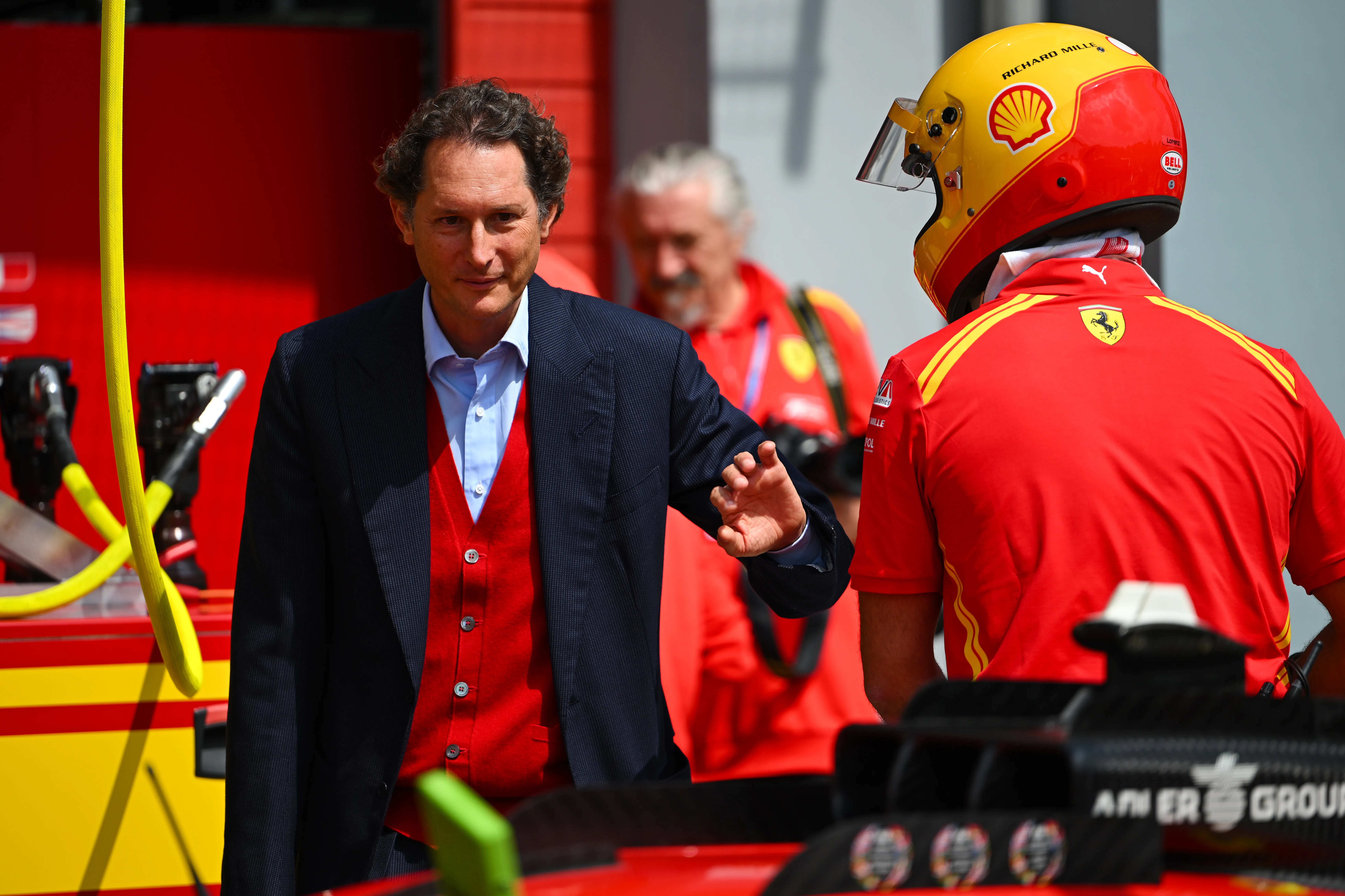IMOLA, ITALY – APRIL 16: John Elkann, Chairman of Stellantis and Ferrari and CEO of Exor, looks on in the pit lane during the World Endurance Championship 6 Hours of Imola at Autodromo Enzo e Dino Ferrari on April 16, 2026 in Imola, Italy. (Photo by Rudy Carezzevoli/Getty Images)