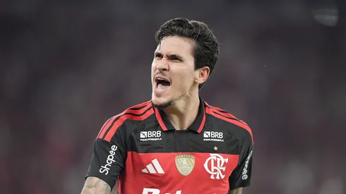 Pedro jogador do Flamengo comemora seu gol durante partida contra o Santos no estádio Maracanã pelo campeonato Brasileiro A 2026. Foto: Thiago Ribeiro/AGIF