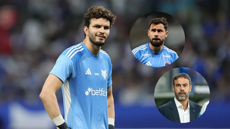 Otávio goleiro reserva do Cruzeiro durante partida contra o Internacional/Matheus Cunha jogador do Cruzeiro durante aquecimento antes da partida contra o Grêmio/Arthur Jorge técnico do Cruzeiro durante partida contra o Universidad Católica (Imagem: Gilson Lobo/AGIF/Fernando Moreno/AGIF)