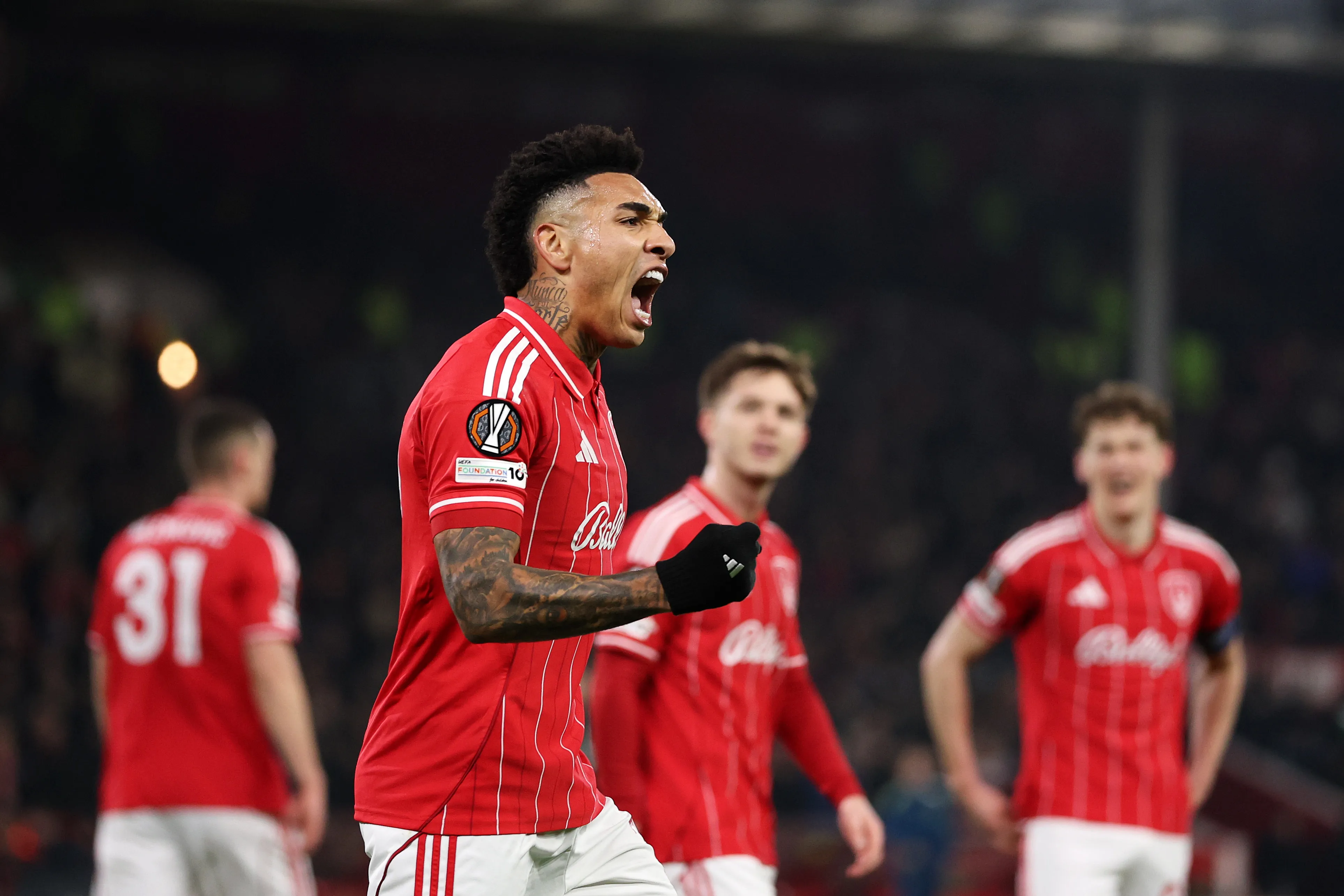 Igor Jesus of Nottingham Forest celebrates scoring his team’s second goal during the UEFA Europa League 2025/26 League Phase MD8 match between Nottingham Forest FC and Ferencvarosi TC at City Ground on January 29, 2026 in Nottingham, England. (Photo by Michael Regan/Getty Images)
