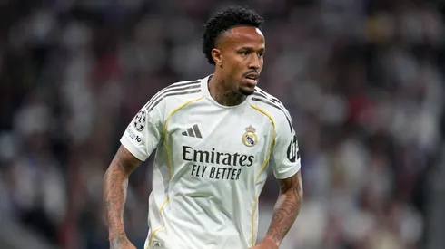 Eder Militao of Real Madrid looks on during the UEFA Champions League 2025/26 Quarter-Final First Leg match between Real Madrid CF and FC Bayern München at Estadio Santiago Bernabeu on April 07, 2026 in Madrid, Spain. (Photo by Aitor Alcalde/Getty Images)
