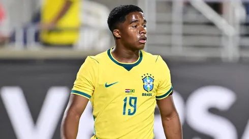Endrick of Brazil looks on during the international friendly match between Brazil and Croatia at Camping World Stadium on March 31, 2026 in Orlando, Florida. (Photo by Julio Aguilar/Getty Images)