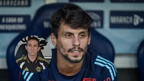 Rodrigo Caio membro da comissão técnica do Flamengo durante partida contra o São Paulo/Filipe Luís técnico do Flamengo durante partida contra o Botafogo (Imagem: Thiago Ribeiro/AGIF)