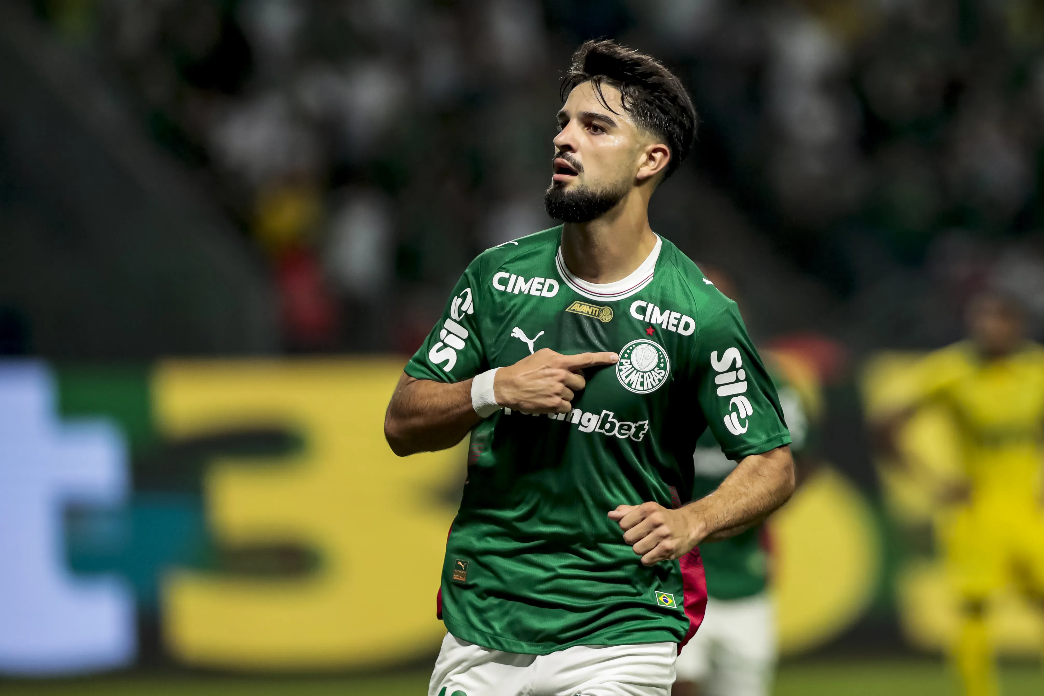 Flaco Lopez jogador do Palmeiras comemora seu gol durante partida contra o Mirassol no estadio Arena Allianz Parque pelo campeonato Brasileiro A 2026. Foto: Marco Miatelo/AGIF