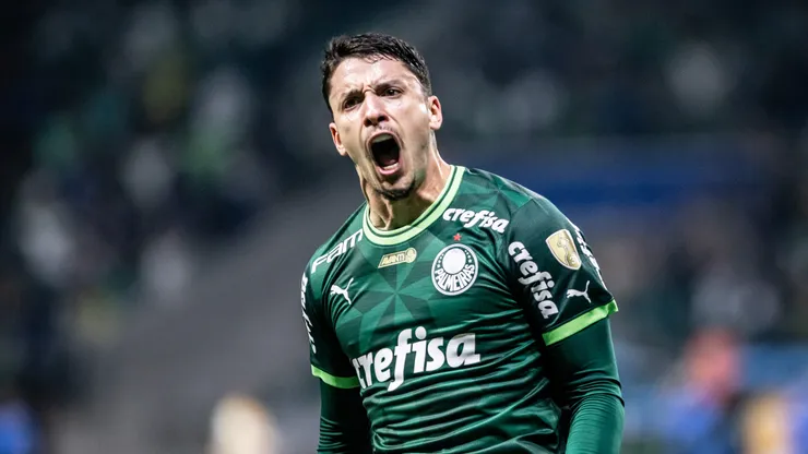 Piquerez jogador do Palmeiras comemora seu gol durante partida contra o Barcelona de Guayaquil no estadio Arena Allianz Parque pelo campeonato Libertadores 2023.