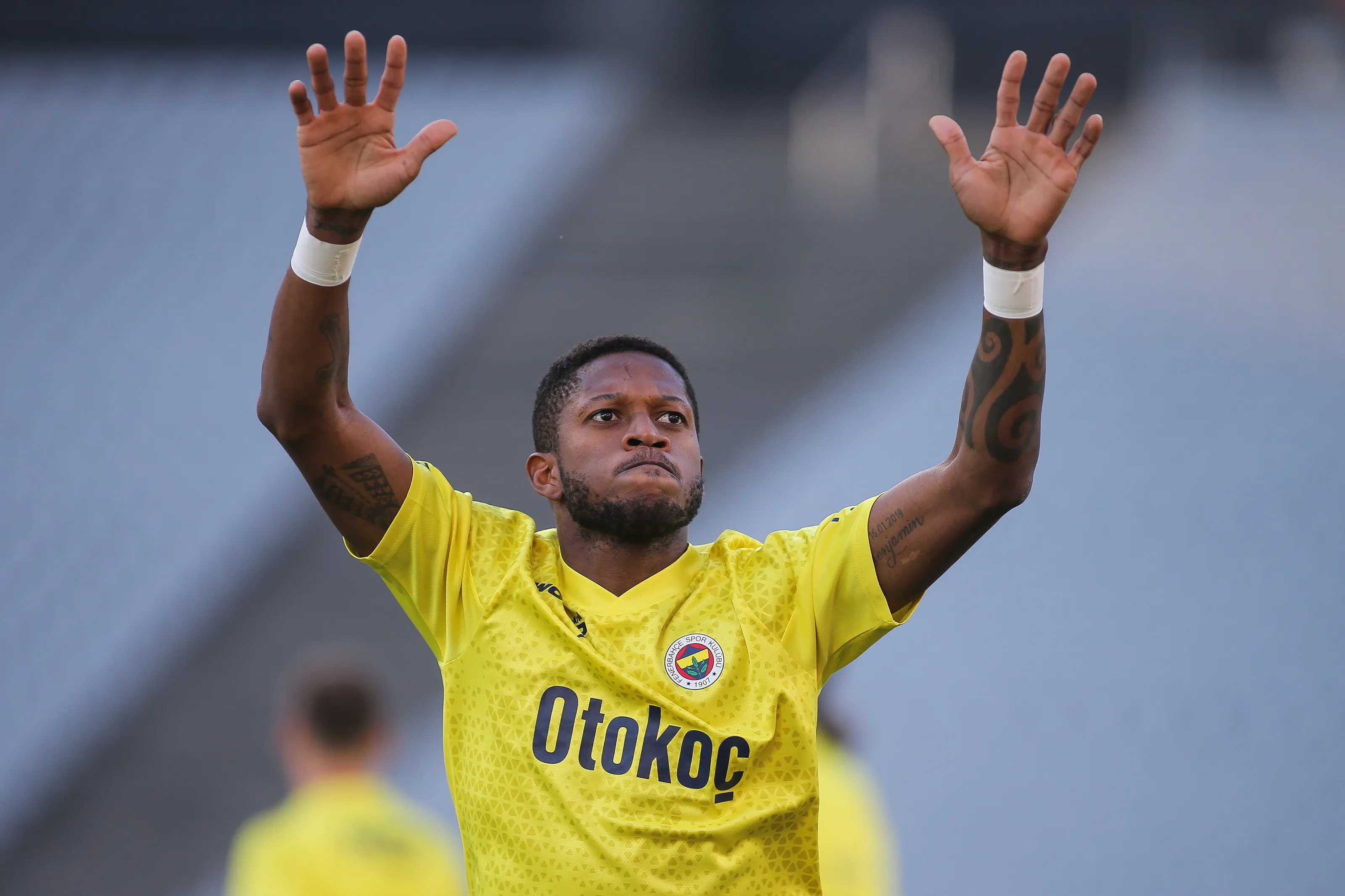 ISTANBUL, TURKEY – APRIL 14: Fred of Fenerbahce reacts during the Turkish Super League match between Fatih Karagumruk and Fenerbahce at Ataturk Olympic Stadium on April 14, 2024 in Istanbul, Turkey. (Photo by Ahmad Mora/Getty Images)
