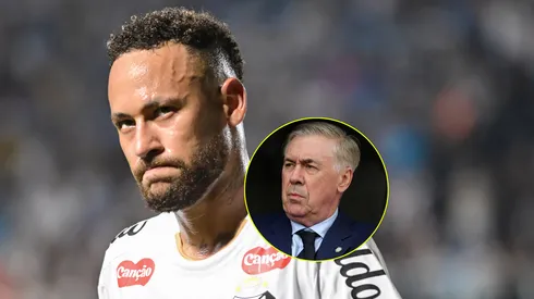 Neymar jogador do Santos durante partida contra o Deportivo Recoleta/Carlo Ancelotti, treinador do Brasil, reage antes da partida amistosa internacional entre Brasil e França (Imagem: Jota Erre/AGIF/Maddie Meyer/Getty Images)