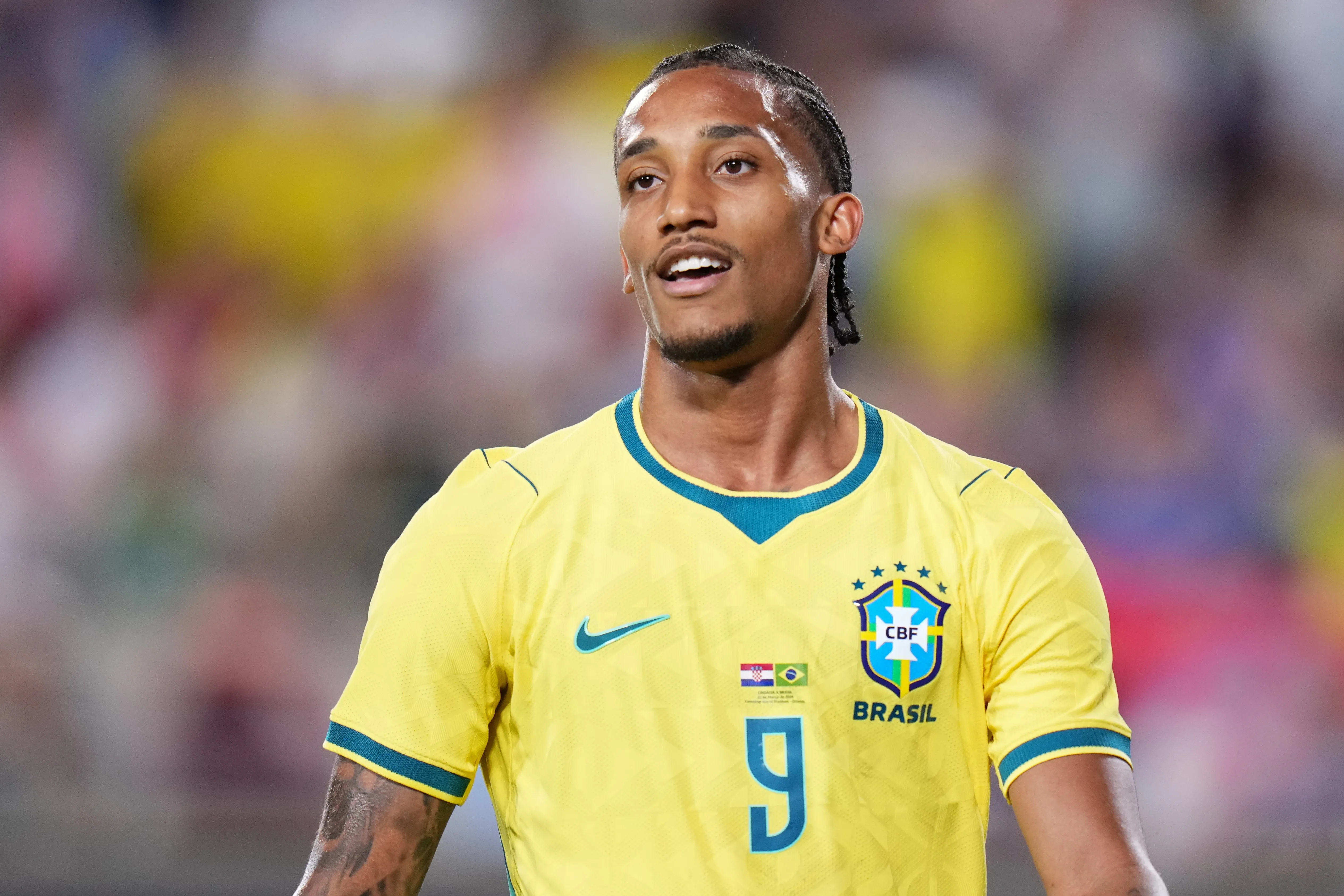 ORLANDO, FLORIDA – MARCH 31: Joao Pedro of Brazil looks on  during the international friendly match between Brazil and Croatia at Camping World Stadium on March 31, 2026 in Orlando, Florida. (Photo by Rich Storry/Getty Images)
